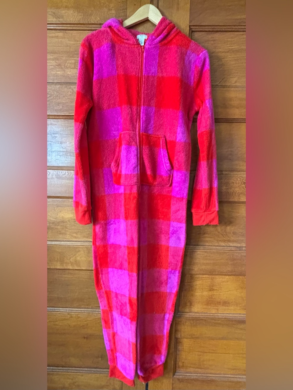 Women’s Hooded One-Piece Pajama Onesie - Pink & Red Plaid